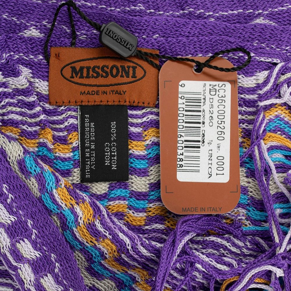 Missoni Women's Cotton Zig-Zag Checkered Scarf Shawl Sarong Wrap Purple Lavender - Picture 3 of 4